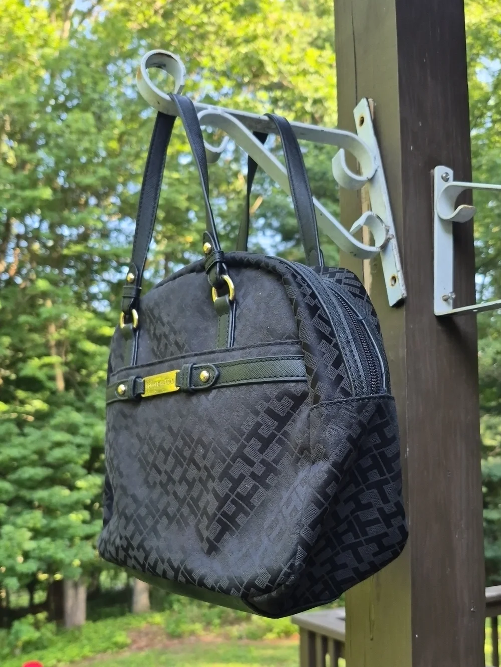 Tommy Hilfiger Black monogram jacquard signature pattern Dome Satchel bag